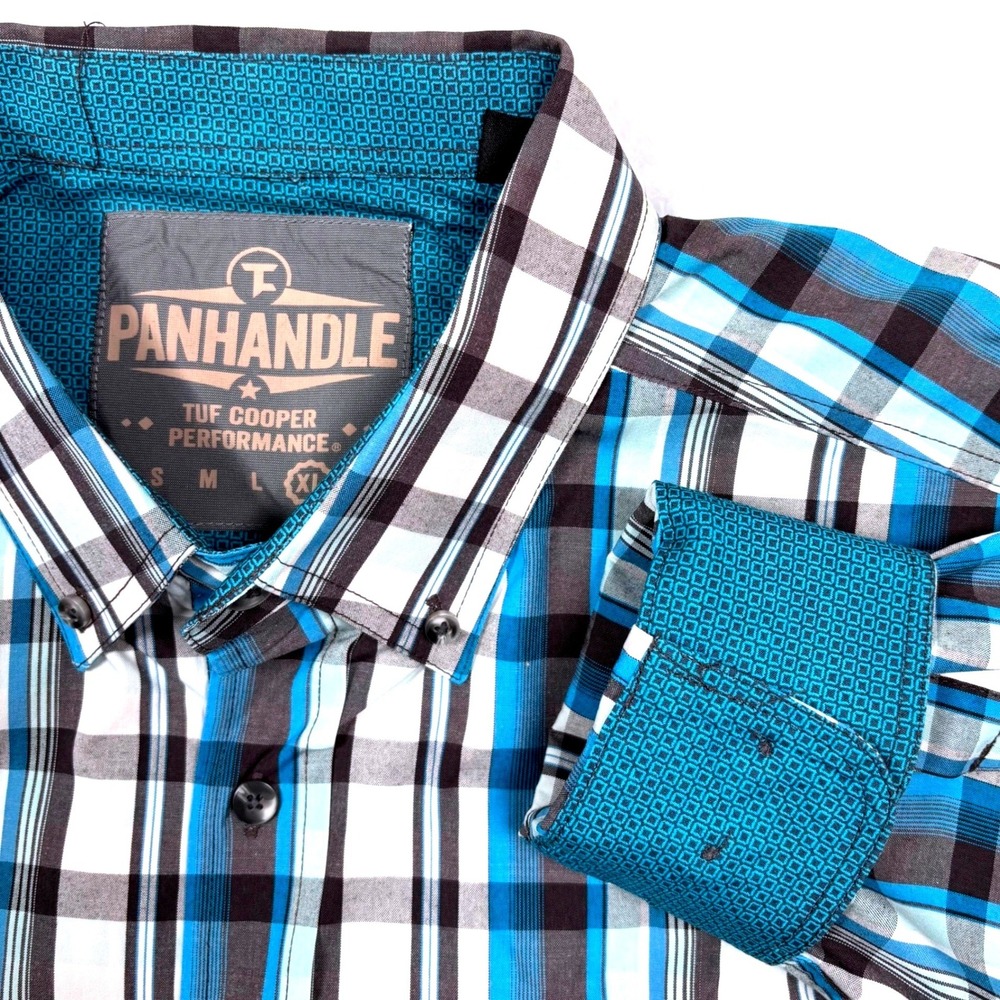 Panhandle Tuf Cooper Performance Shirt XL Turquoise Plaid Vent Western Flip Cuff
